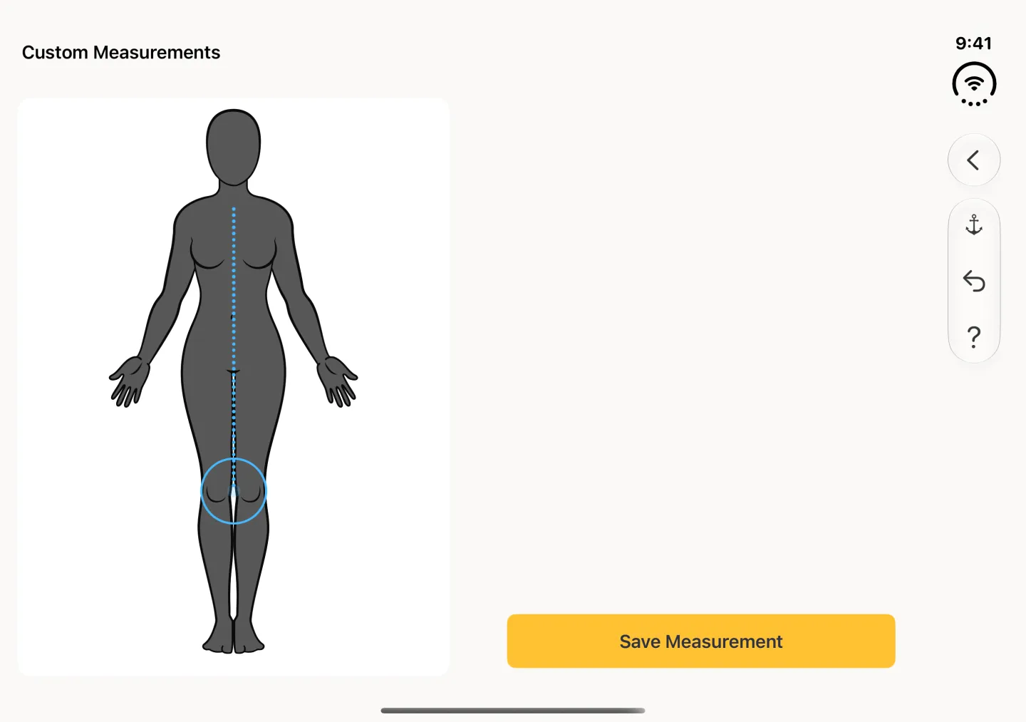 The line drawing step in landscape, still titled Custom Measurements: the charcoal figure on the left with a blue dotted line running from the base of the neck straight down the front of the body to the knee, a yellow Save Measurement button on the right, and Back plus an anchor, undo and question mark group in the vertical bar strip on the right edge.
