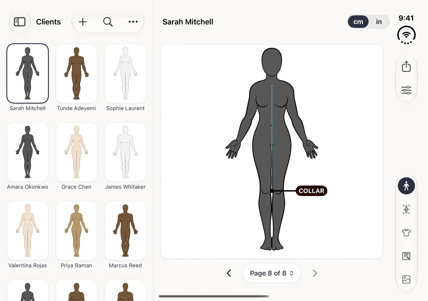 Split view in landscape with the Clients grid on the left and Sarah Mitchell's profile on Page 8 of 8 on the right: the charcoal figure with a blue dotted line down the front from the neck to the knee and a dark label pill reading COLLAR, the name and cm and in switch above, and the five section buttons in the vertical bar strip on the right edge.
