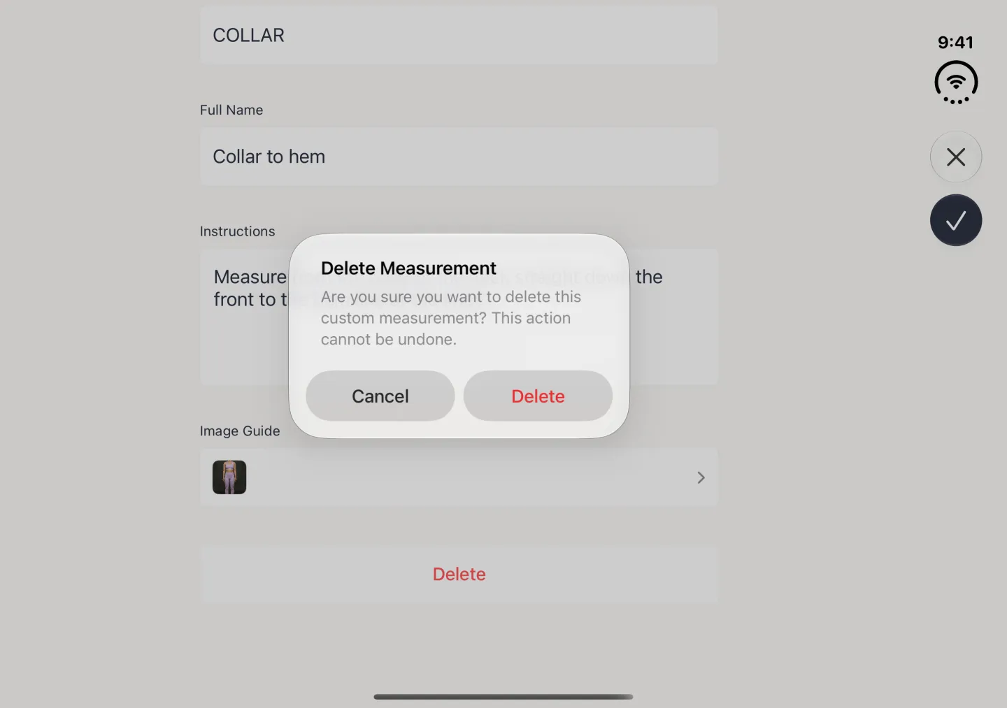A Delete Measurement alert over the dimmed Edit Custom Measurement form in landscape, reading are you sure you want to delete this custom measurement, this action cannot be undone, with Cancel and a red Delete button side by side.