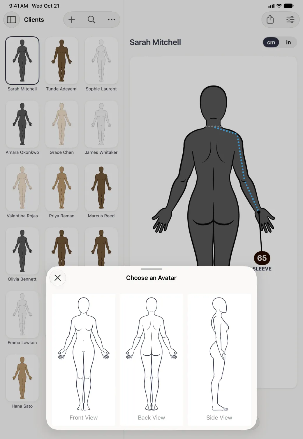 A Choose an Avatar sheet with a grabber and a close button rising over the lower part of the dimmed split view of the Clients grid and Sarah Mitchell's page 6, holding three cards side by side, each a line drawing of a female figure, labelled Front View, Back View and Side View.