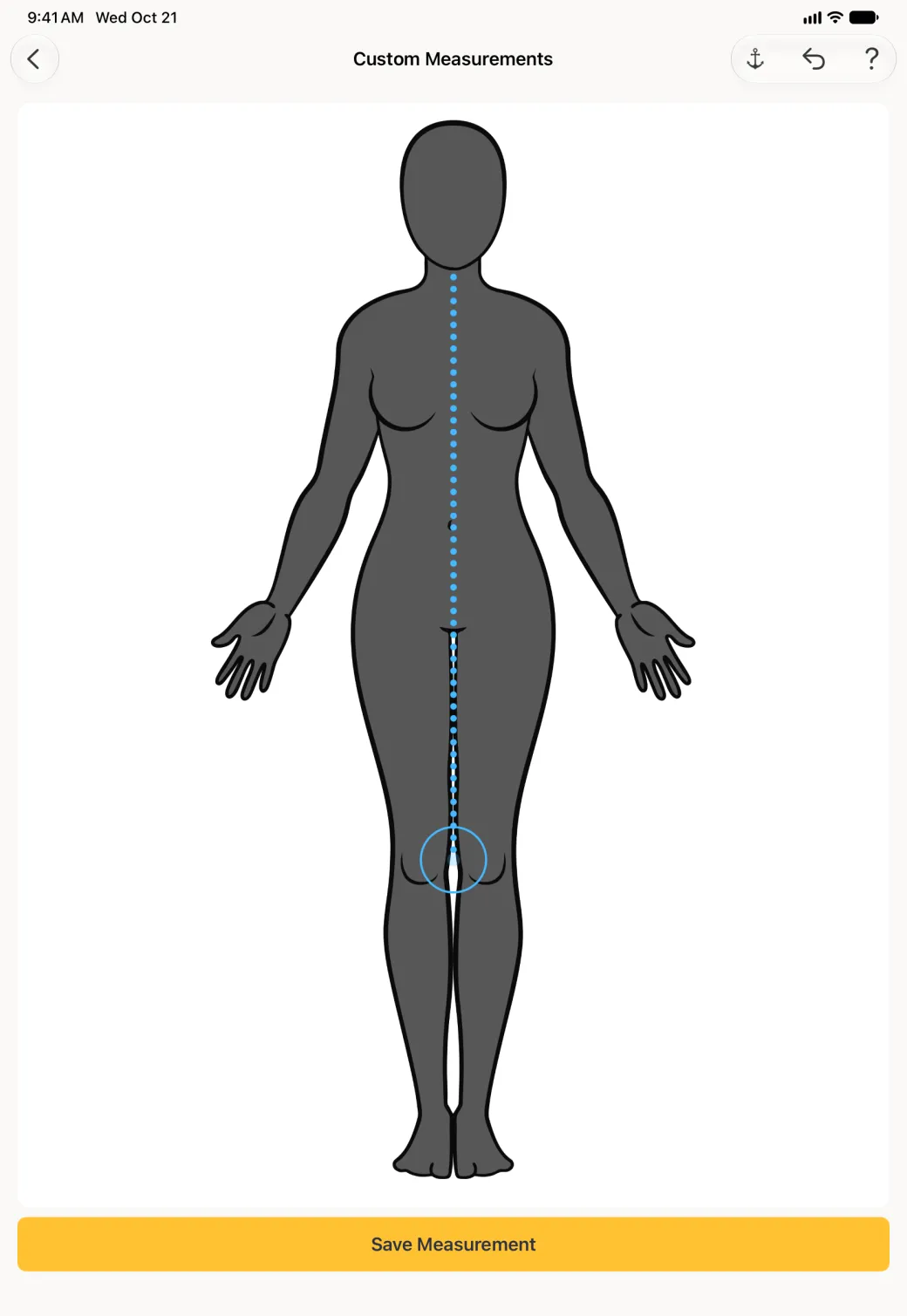 The line drawing step on the iPad with Back at the top left and anchor, undo and question mark buttons at the top right: the large charcoal figure with a blue dotted line running from the base of the neck straight down the front of the body to the knee, the blue target circle at its end, and a wide yellow Save Measurement button.
