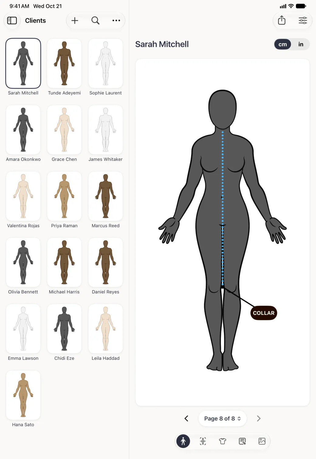 Sarah Mitchell's profile beside the Clients grid in portrait on Page 8 of 8: the charcoal figure with a blue dotted line down the front from the neck to the knee and a dark label pill reading COLLAR beside the knee, with her name and the cm and in switch above and the five section buttons below.
