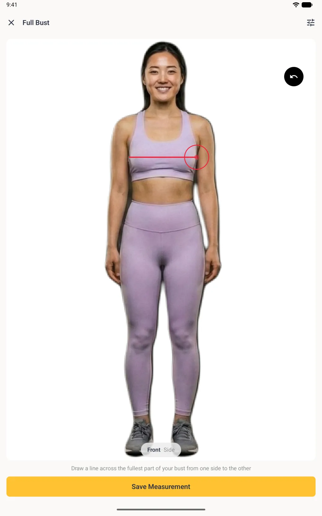 The front scan photo with a straight red line drawn horizontally across the full width of the chest at bust level, ending in a red target circle, a round undo button at the upper right of the card, and the instruction Draw a line across the fullest part of your bust from one side to the other above a yellow Save Measurement button.