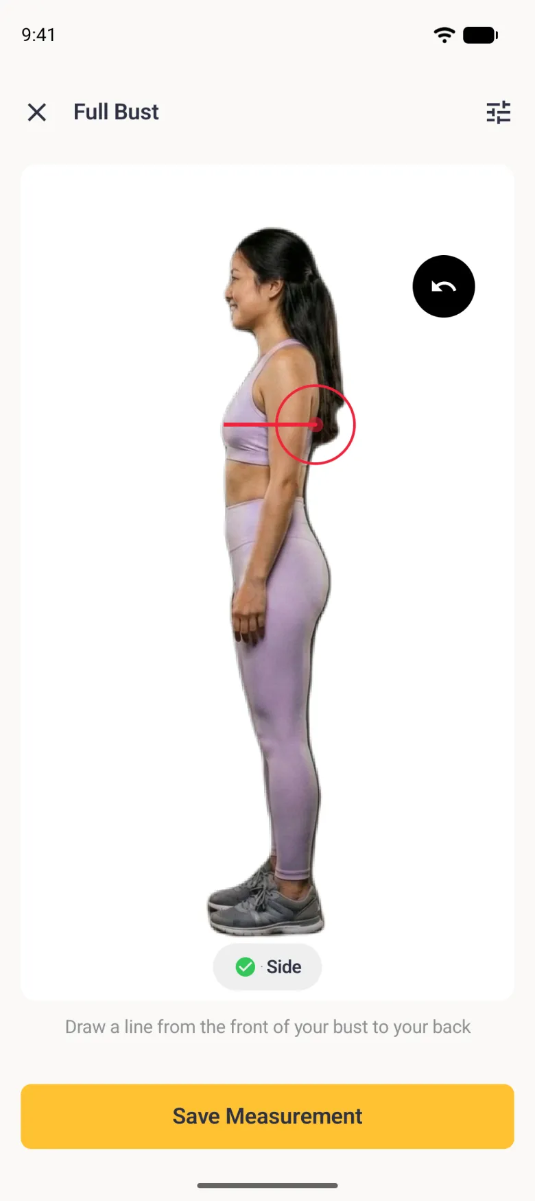 A side profile scan photo of the woman facing left, with a horizontal red line drawn from the front of her bust through to her back and a red target circle at the back, the Side pill with a green tick, and the instruction Draw a line from the front of your bust to your back.