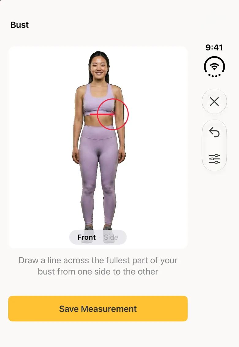 The front scan photo on the closed Duo with a straight red line drawn horizontally across the chest at bust level and the red target circle at its right end, the instruction Draw a line across the fullest part of your bust from one side to the other, and a yellow Save Measurement button; close, undo and sliders sit in the vertical bar strip on the right.