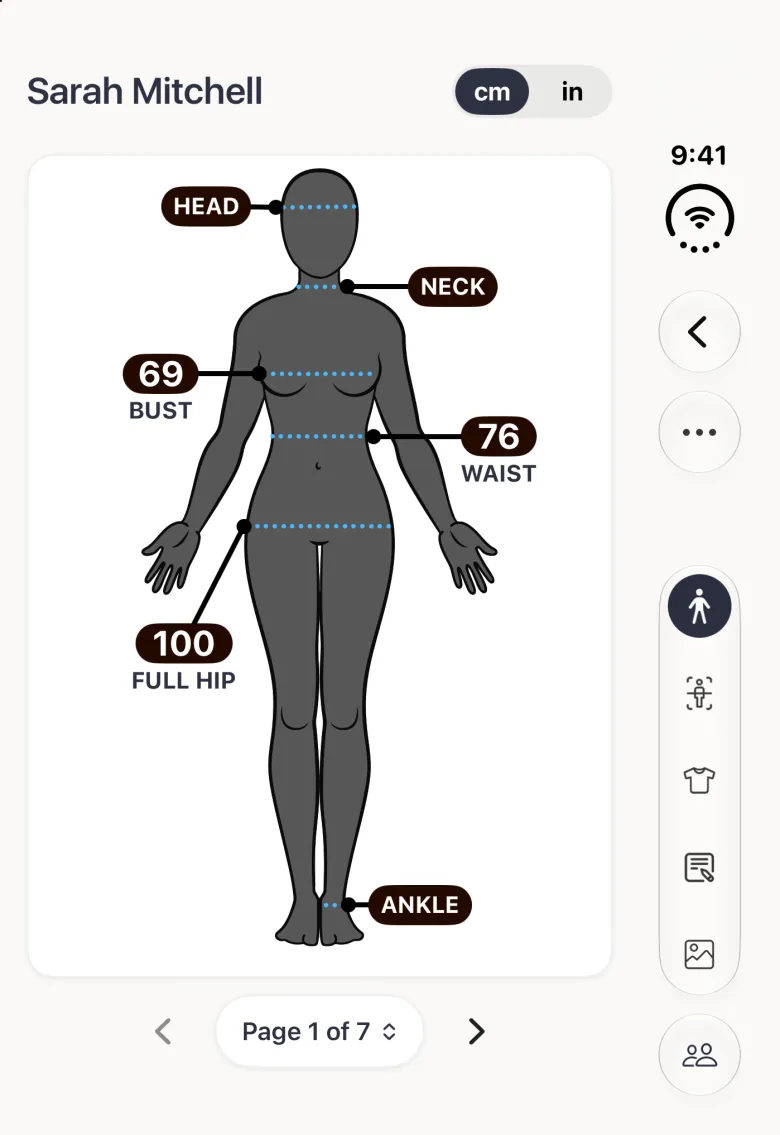 Sarah Mitchell's avatar on the closed Duo on Page 1 of 7, the Bust label now reading 69 next to the unchanged Waist 76 and Full Hip 100 labels and the Head, Neck and Ankle labels; Back, the more button, the five section buttons and the Clients button sit in the vertical bar strip on the right.