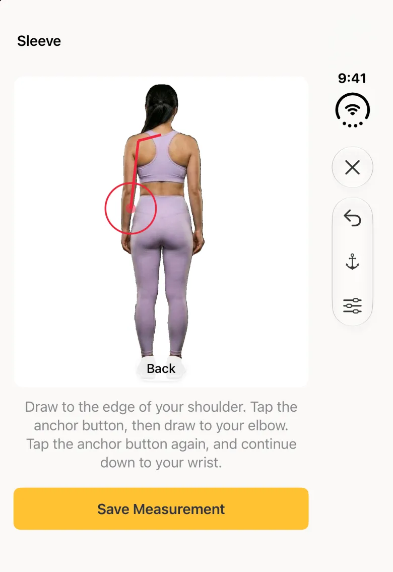 The same back view on the closed Duo with the red line now ending at the elbow, the final segment to the wrist gone, and the red target circle at the elbow; close, undo, anchor and sliders stay in the vertical bar strip on the right.