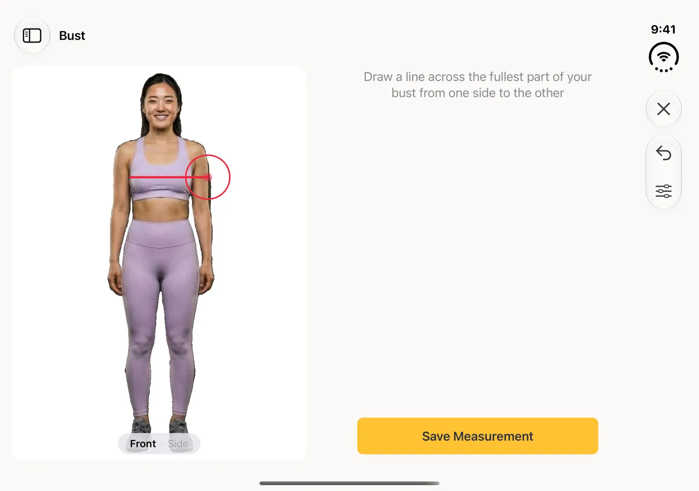 The front scan photo on the left of the landscape drawing screen with a straight red line drawn horizontally across the whole width of the chest at bust level and the red target circle at its right end; on the right the instruction Draw a line across the fullest part of your bust from one side to the other and a yellow Save Measurement button.