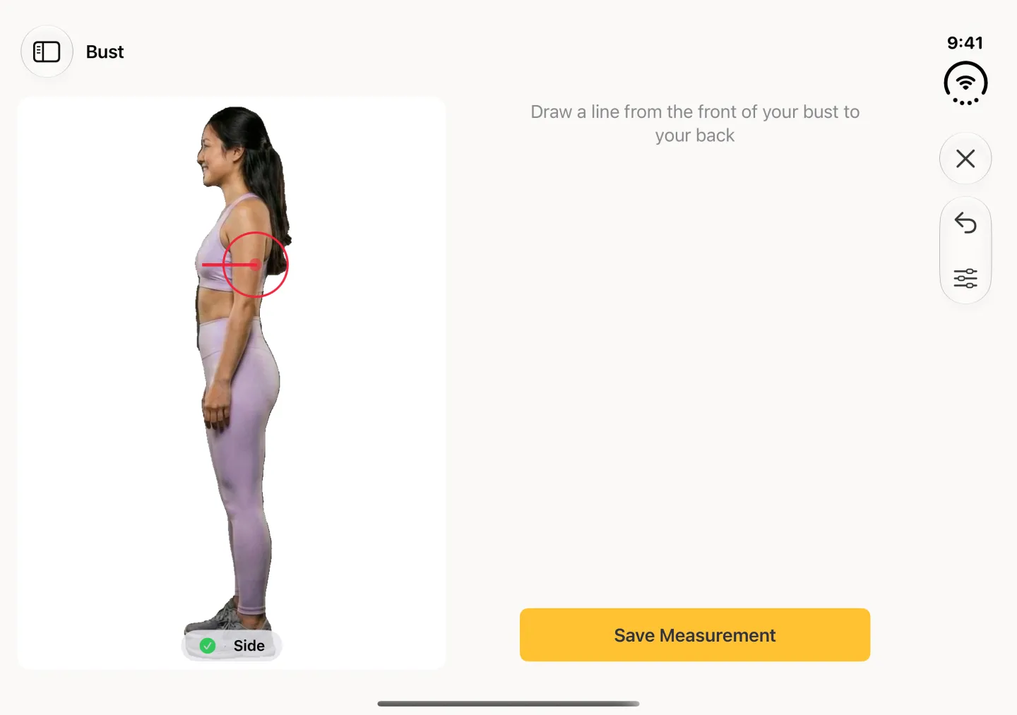 A side profile scan photo on the left of the landscape drawing screen with a short horizontal red line drawn from the front of the bust towards the back, the red target circle at its back end and a pill under the photo with a green tick beside Side; on the right the instruction Draw a line from the front of your bust to your back and a yellow Save Measurement button.