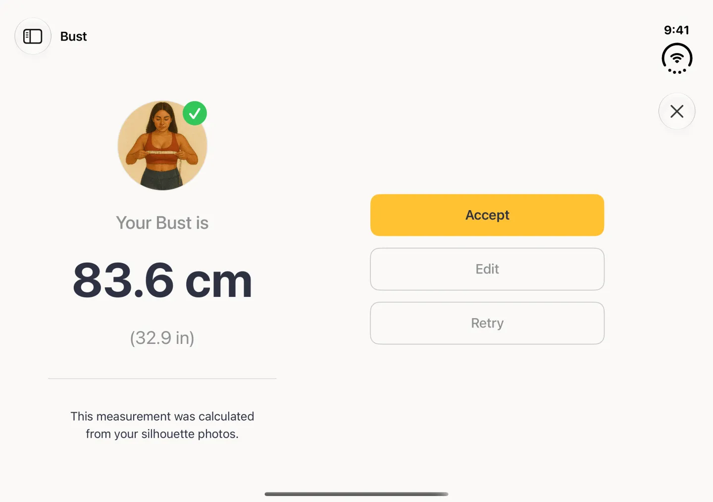 A result screen in landscape: on the left a round illustration with a green tick, Your Bust is 83.6 cm with 32.9 in below and a note that it was calculated from the silhouette photos; on the right a wide gold Accept button above Edit and Retry, with a close button in the vertical bar strip on the right edge.