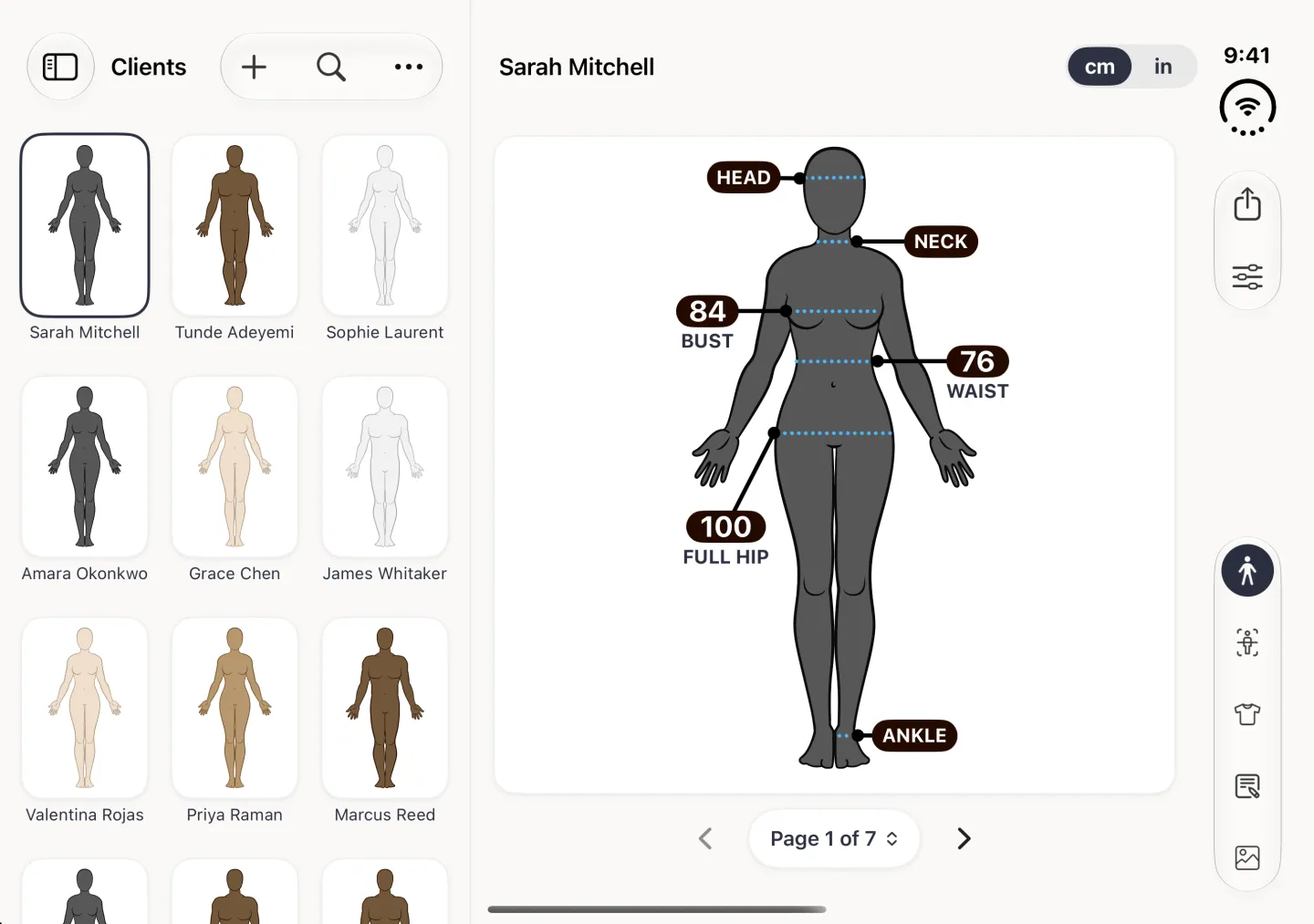 Split view in landscape with the Clients grid on the left and Sarah Mitchell's avatar on Page 1 of 7 on the right, the Bust label now reading 84 next to the unchanged Waist 76 and Full Hip 100 labels and the Head, Neck and Ankle labels.