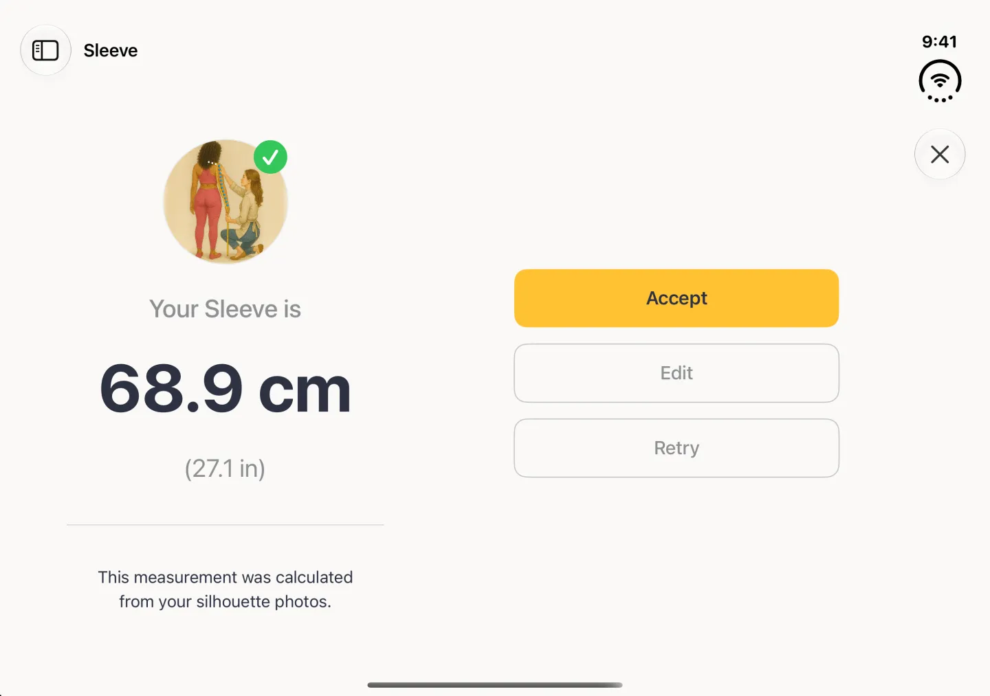 A result screen in landscape: on the left a round illustration with a green tick, Your Sleeve is 68.9 cm with 27.1 in below and a note that it was calculated from the silhouette photos; on the right a wide gold Accept button above Edit and Retry, with a close button in the vertical bar strip.