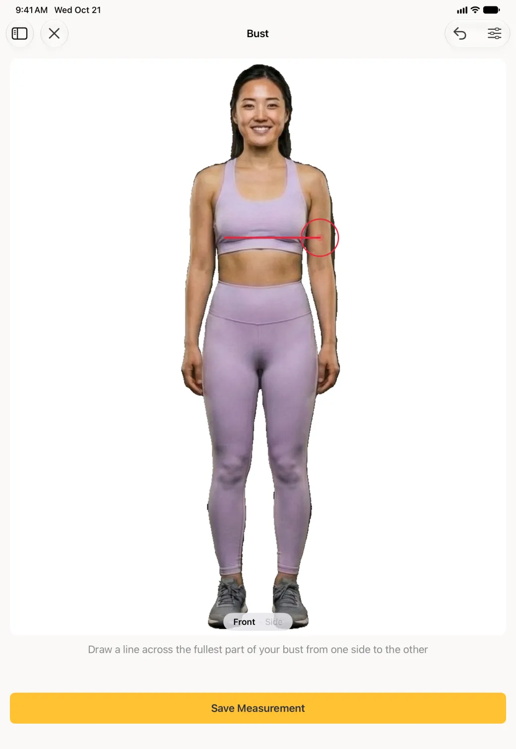 The large front scan photo on the iPad with a straight red line drawn horizontally across the whole width of the chest at bust level, the red target circle at its right end, the instruction Draw a line across the fullest part of your bust from one side to the other, and a wide yellow Save Measurement button.