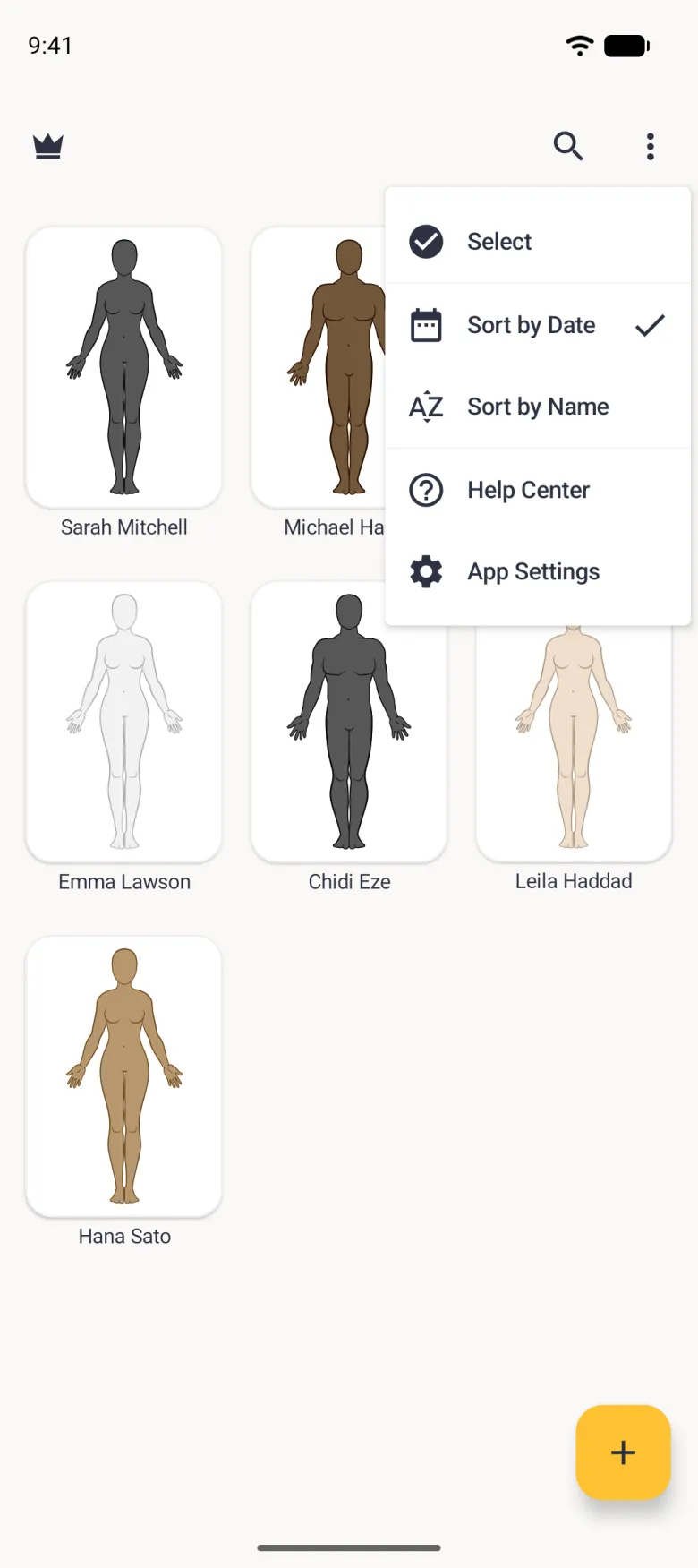 Home screen with a menu open showing Select, Sort by Date with a tick, Sort by Name, Help Center and App Settings, each with an icon, over a grid of seven profile avatars.
