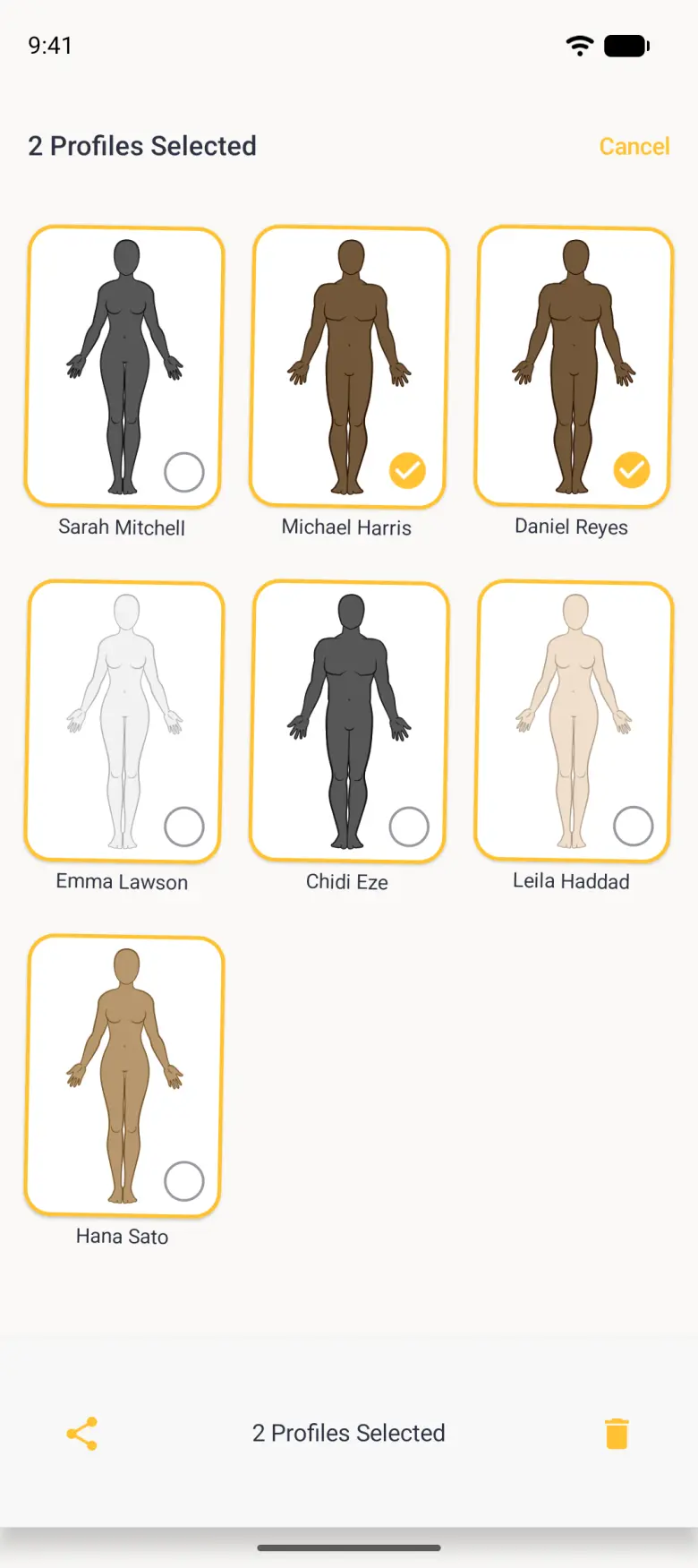 Home grid in selection mode headed 2 Profiles Selected with a gold Cancel, seven gold-outlined cards with Michael Harris and Daniel Reyes ticked, and a bottom bar with a gold share icon, 2 Profiles Selected and a gold bin icon.