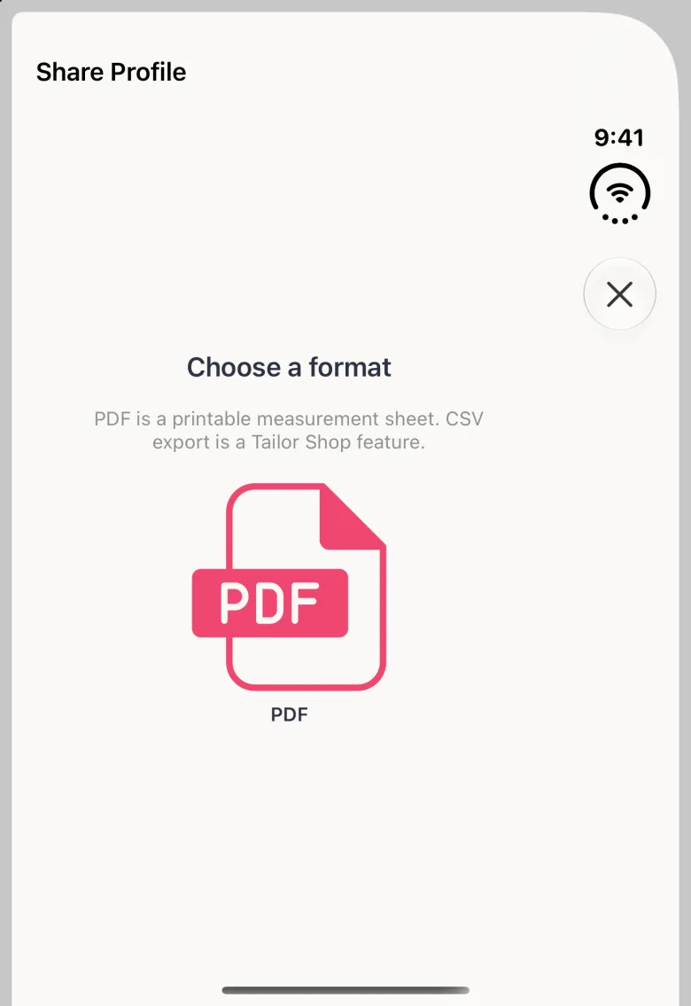 Share Profile sheet filling the closed Duo's screen, titled at the top left with a close button in the vertical bar strip on the right, the heading Choose a format, a note that PDF is a printable measurement sheet and CSV export is a Tailor Shop feature, and a pink PDF file tile.