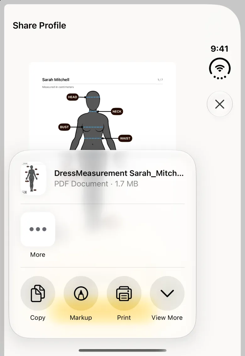 iOS share sheet in a panel over the lower part of the Share Profile preview on the closed Duo, showing a PDF Document named DressMeasurement Sarah_Mitch..., a More app, and Copy, Markup, Print and View More actions; the close button for Share Profile stays in the vertical bar strip on the right.