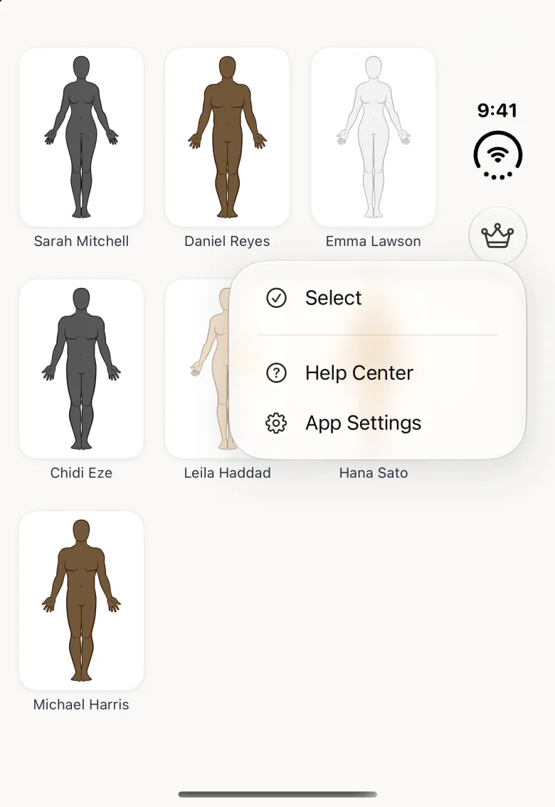Home screen on the closed Duo with a menu opened from the more (three dots) button in the vertical bar strip on the right, showing Select, Help Center and App Settings over the grid of seven profile avatars.