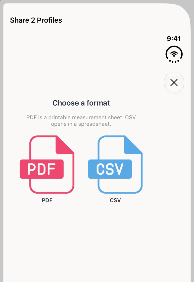 A Share 2 Profiles sheet filling the closed Duo, titled at the top left with a close button in the vertical bar strip on the right, the heading Choose a format, the note PDF is a printable measurement sheet. CSV opens in a spreadsheet., and a pink PDF file tile beside a blue CSV file tile.
