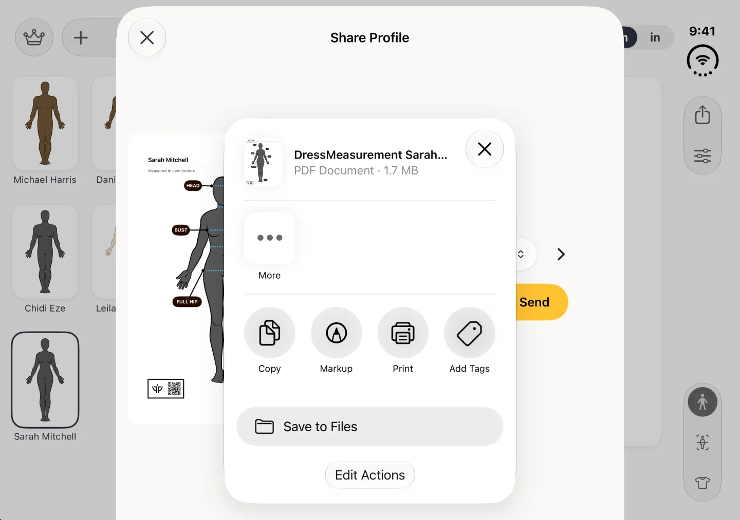 iOS share sheet in a centred panel over the Share Profile preview, showing a PDF Document named DressMeasurement Sarah... with a close button, a More app, Copy, Markup, Print and Add Tags actions, a Save to Files row and an Edit Actions button.