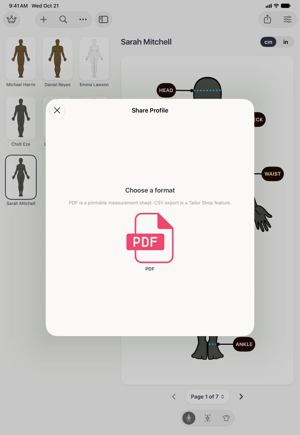 Share Profile card centred over the dimmed split view with Sarah Mitchell's profile behind it, a close button at its top left, the heading Choose a format, the note PDF is a printable measurement sheet. CSV export is a Tailor Shop feature., and a single pink PDF file tile.