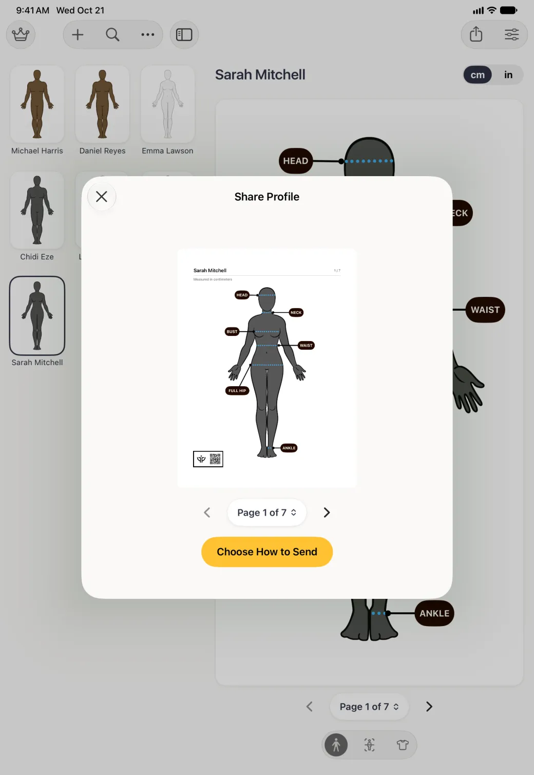 Share Profile card centred over the dimmed split view, showing a page preview headed Sarah Mitchell, page 1 of 7, Measured in centimeters, with a labelled avatar and a QR code, a Page 1 of 7 control with arrows under it, and a gold Choose How to Send button.