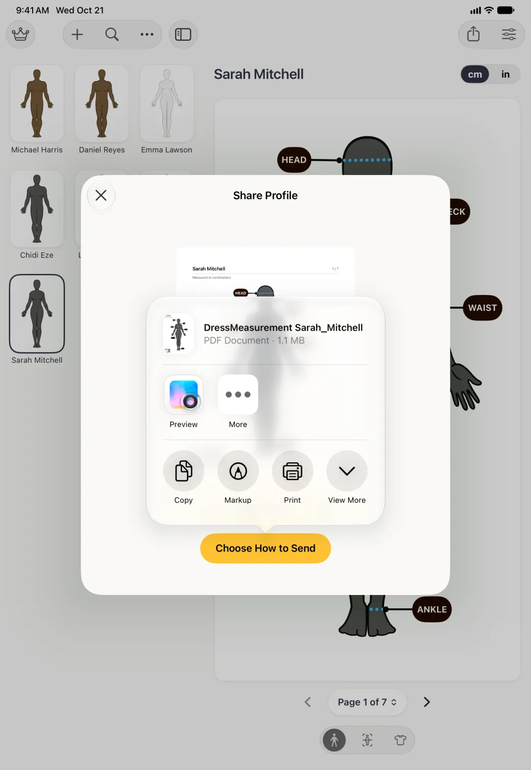 System share popover anchored above the Choose How to Send button inside the Share Profile card, offering a PDF document named DressMeasurement Sarah_Mitchell at 1.1 MB, with Preview and More as apps and Copy, Markup, Print and View More as actions.