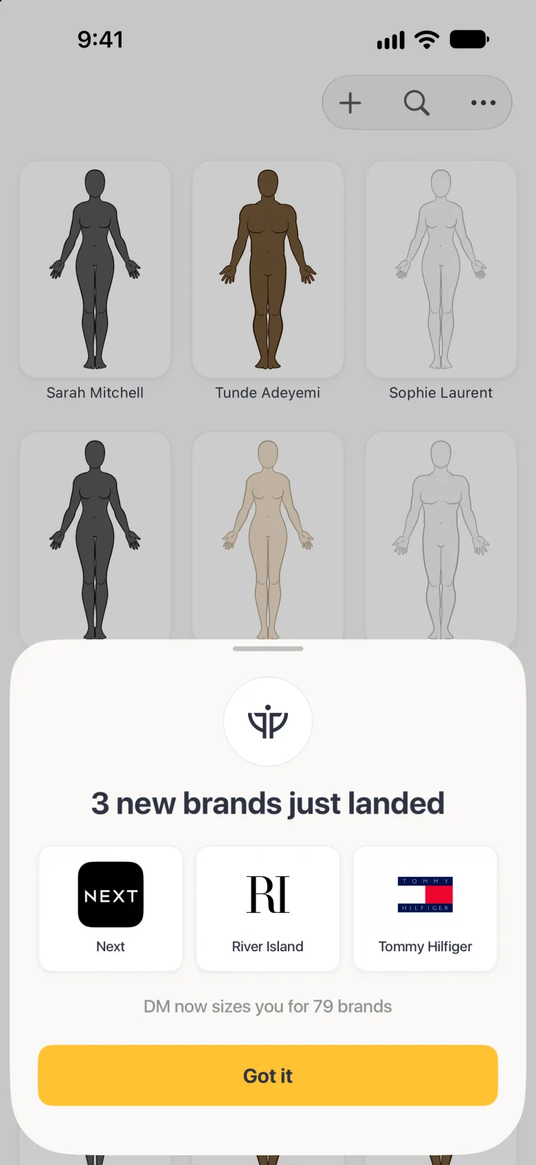 A sheet over the dimmed client list titled 3 new brands just landed, with the DM mark at the top, logo cards for Next, River Island and Tommy Hilfiger, the line DM now sizes you for 79 brands and a gold Got it button.