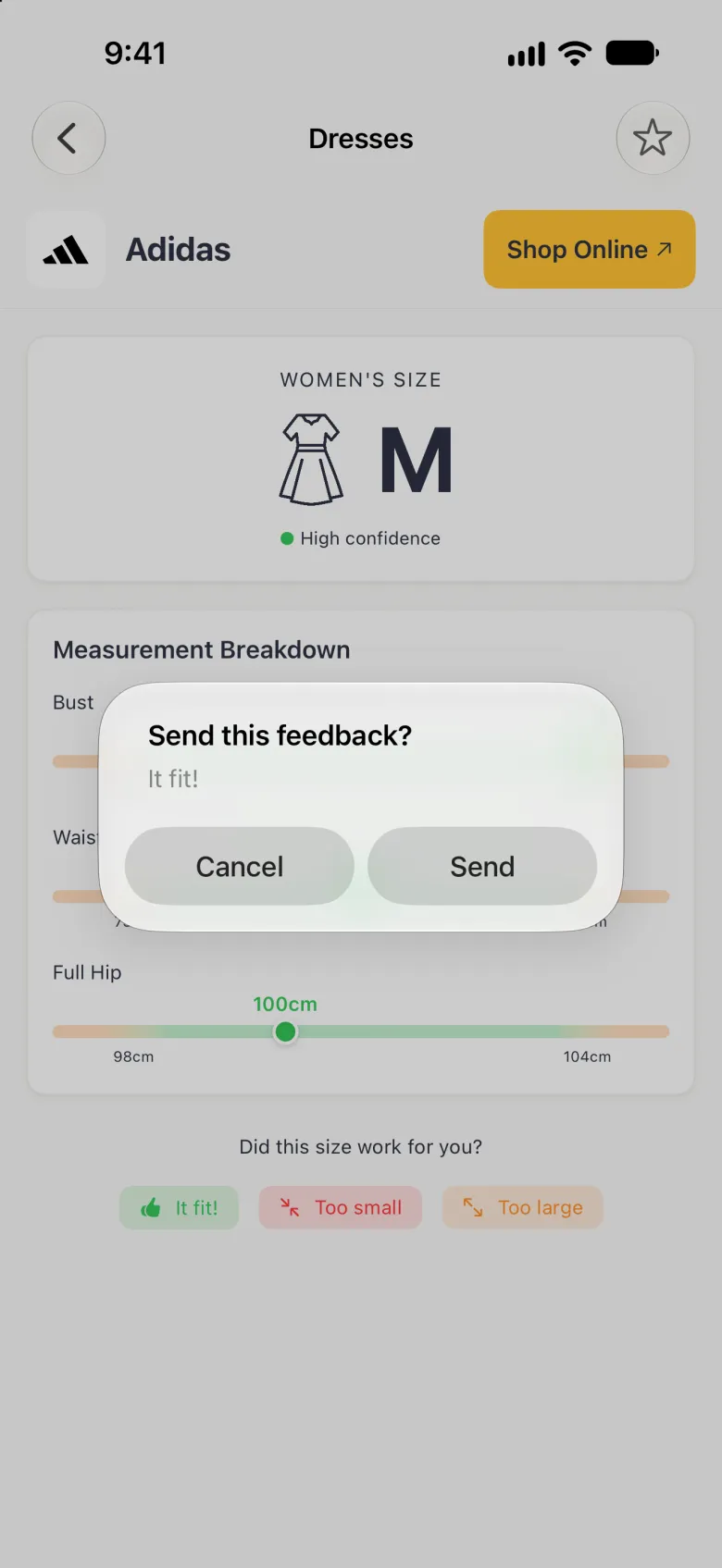 A system alert over the dimmed Adidas page titled Send this feedback? with the answer It fit! in grey under the title, and Cancel and Send buttons side by side.