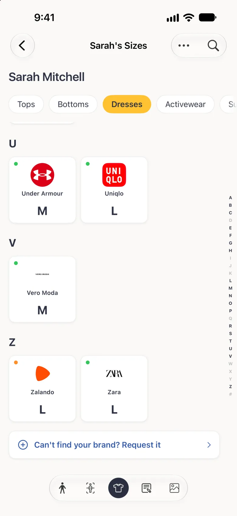 The end of the Sizes brand grid with Under Armour M, Uniqlo L, Vero Moda M, Zalando L and Zara L under their letter headings, followed by a row reading Can't find your brand? Request it, and the profile's section bar at the bottom.