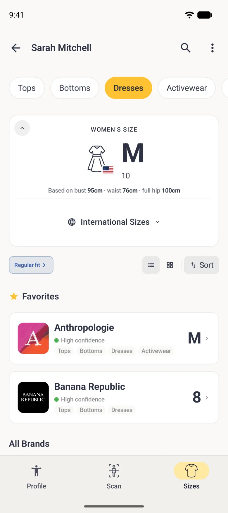 A Sizes tab with the Dresses chip selected in yellow, showing a dress icon with a small US flag beside the size M with 10 underneath, based on bust 95cm, waist 76cm and full hip 100cm, a folded International Sizes row, the Regular fit pill, and a Favorites list with Anthropologie (M) and Banana Republic (8), each with a green High confidence dot, above the All Brands heading.