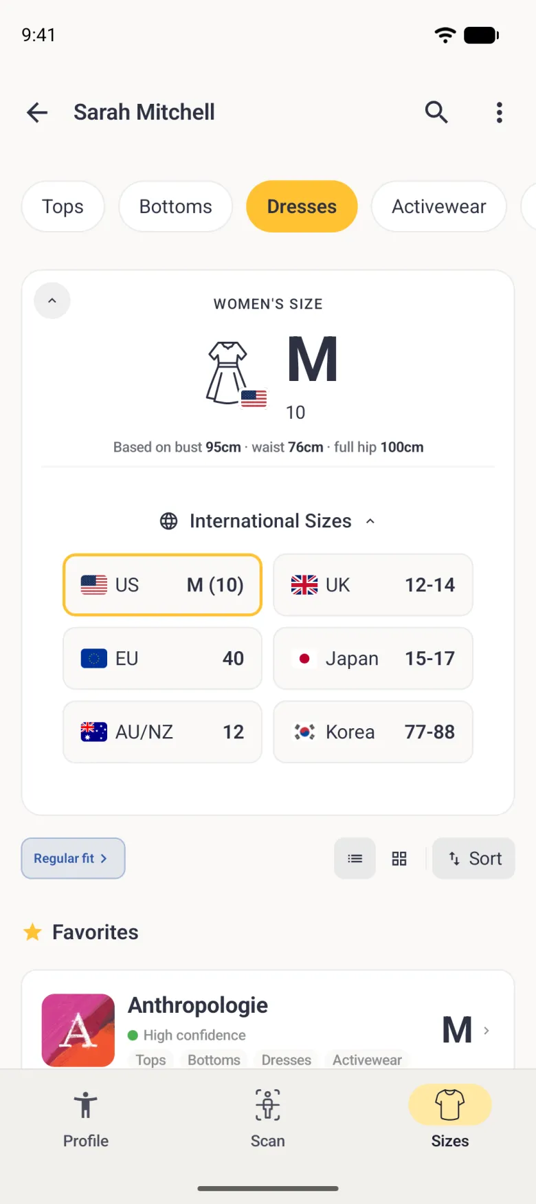The Women's Size card for Dresses (M with 10 under it and a US flag, based on bust 95cm, waist 76cm and full hip 100cm) expanded to show International Sizes in a two-column grid of flagged tiles: US M (10) outlined in gold as the current region, UK 12-14, EU 40, Japan 15-17, AU/NZ 12 and Korea 77-88, above the Regular fit pill and the Favorites list.