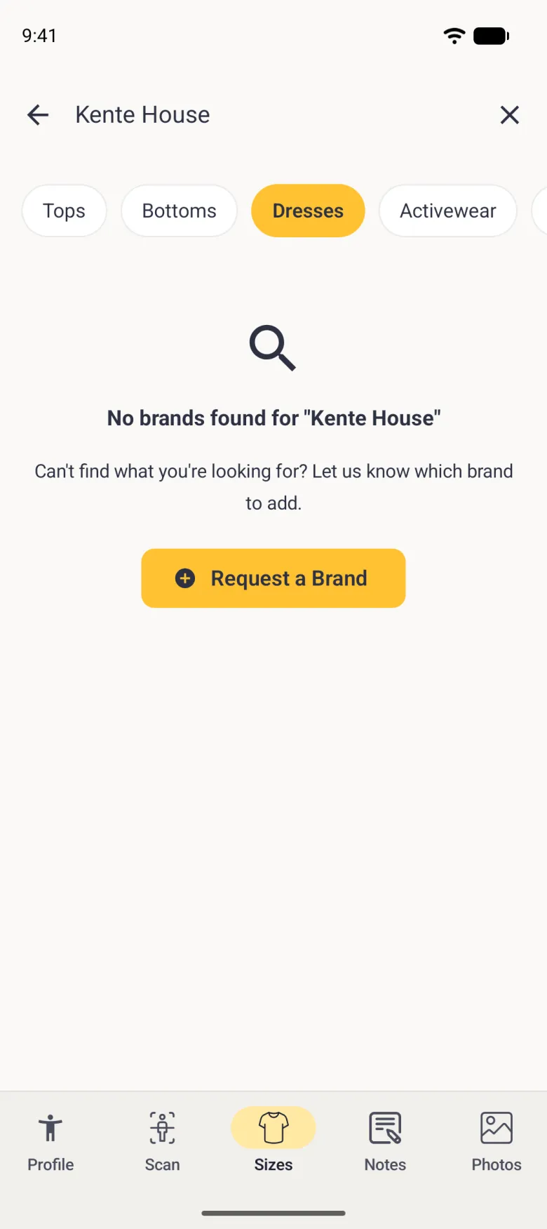 A no results screen under the search bar reading Kente House, with a magnifying glass icon, the line No brands found for Kente House, an invitation to say which brand to add and a yellow Request a Brand button.