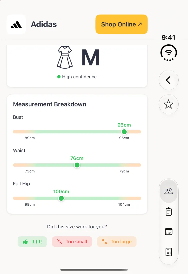 Adidas on a closed iPhone Duo: women's size M with high confidence and the measurement breakdown.