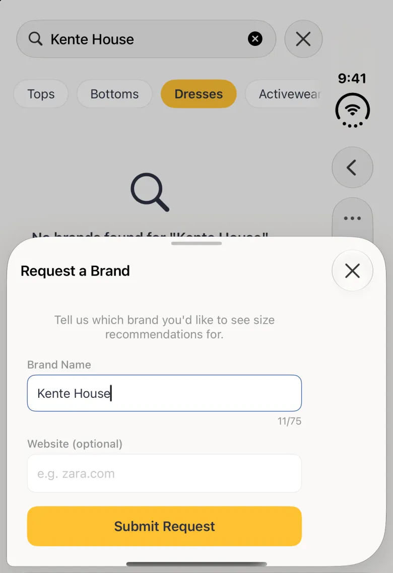 A Request a Brand sheet with a grabber over the lower half of the dimmed Sizes screen on the closed Duo, with the title at its top left and a round close button at its top right, the line Tell us which brand you'd like to see size recommendations for, a Brand Name field holding Kente House with an 11/75 counter, an optional Website field with the hint e.g. zara.com and a gold Submit Request button.