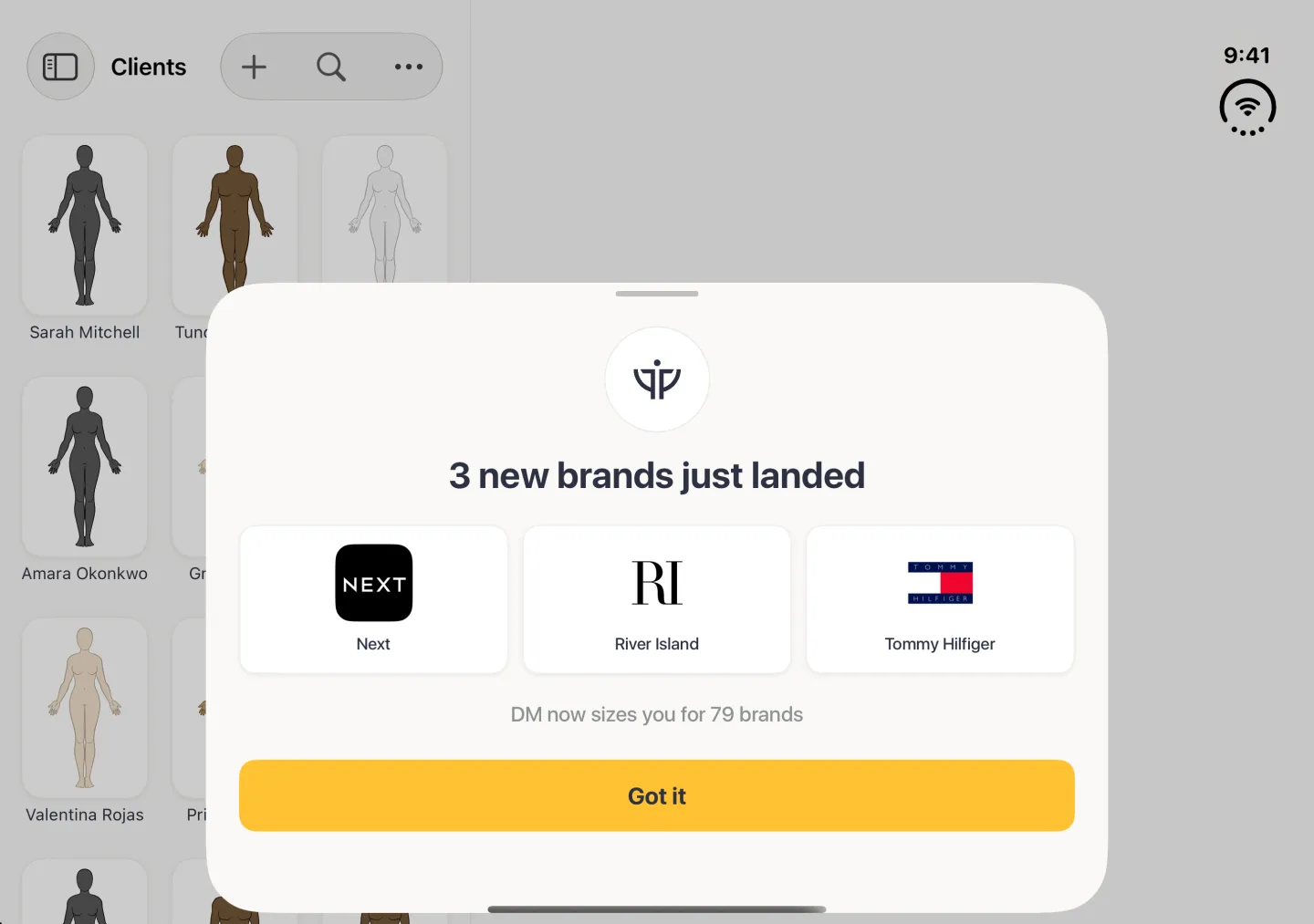 A sheet with a grabber over the dimmed Clients split view in landscape, titled 3 new brands just landed, with the DM mark at the top, three logo cards side by side for Next, River Island and Tommy Hilfiger, the line DM now sizes you for 79 brands and a wide gold Got it button.