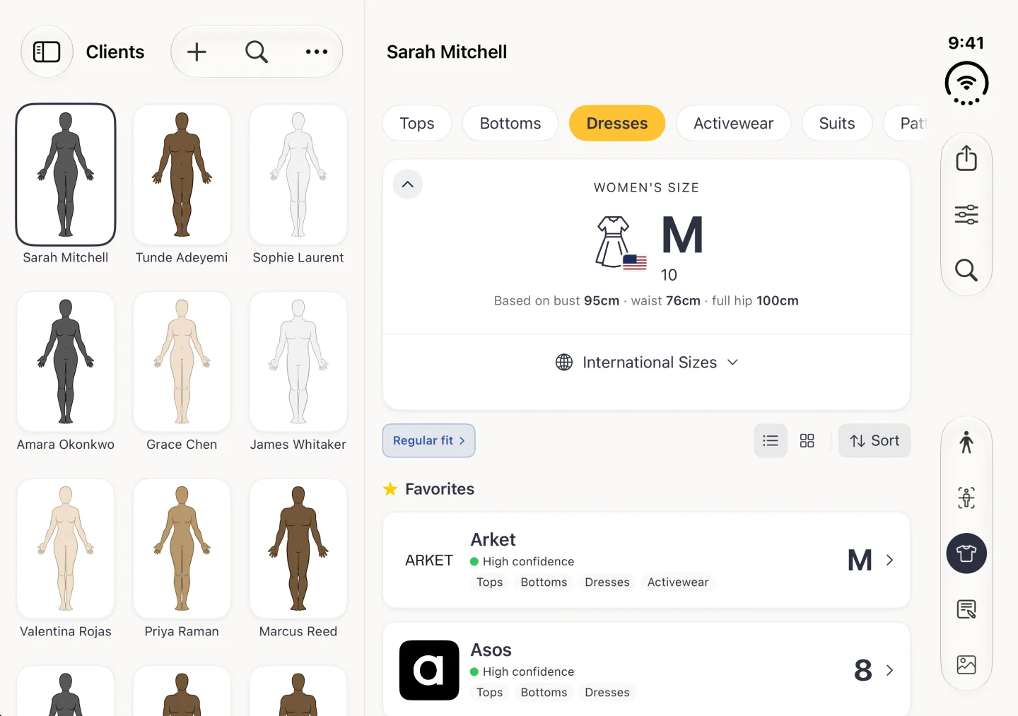 Sizes section on the right of the split view with the Dresses chip selected in gold, showing a dress icon with a small US flag beside the size M and the number 10, based on bust 95cm, waist 76cm and full hip 100cm, above a folded International Sizes row and the Favorites list.
