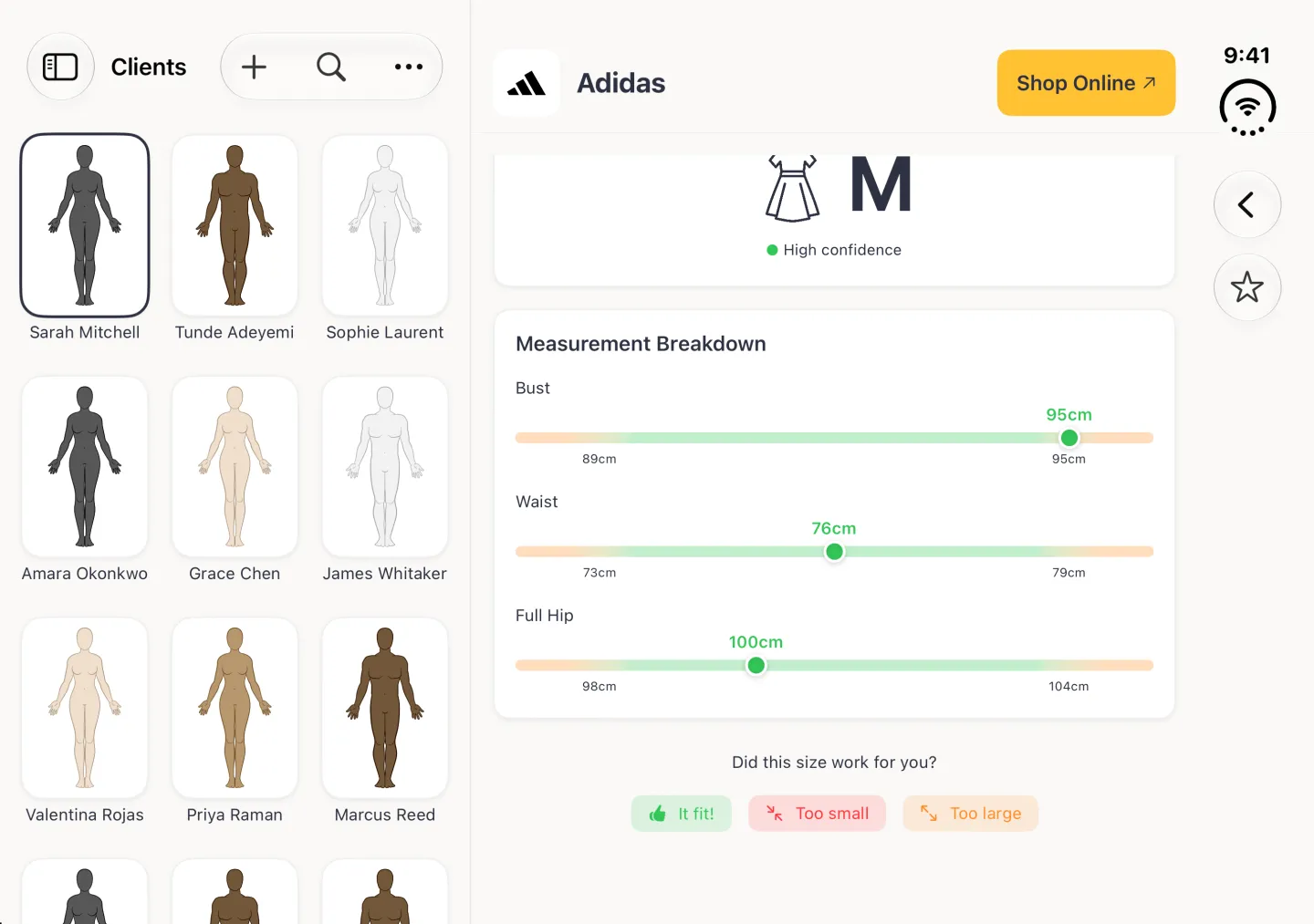 An Adidas Dresses brand page on the right of the split view, scrolled slightly: the Adidas logo and name with a gold Shop Online button, Women's Size M with a green High confidence label, a Measurement Breakdown with bust 95cm, waist 76cm and full hip 100cm on range bars, and the question Did this size work for you? with It fit!, Too small and Too large buttons; a Back button and a star button sit in the vertical bar strip on the right edge.