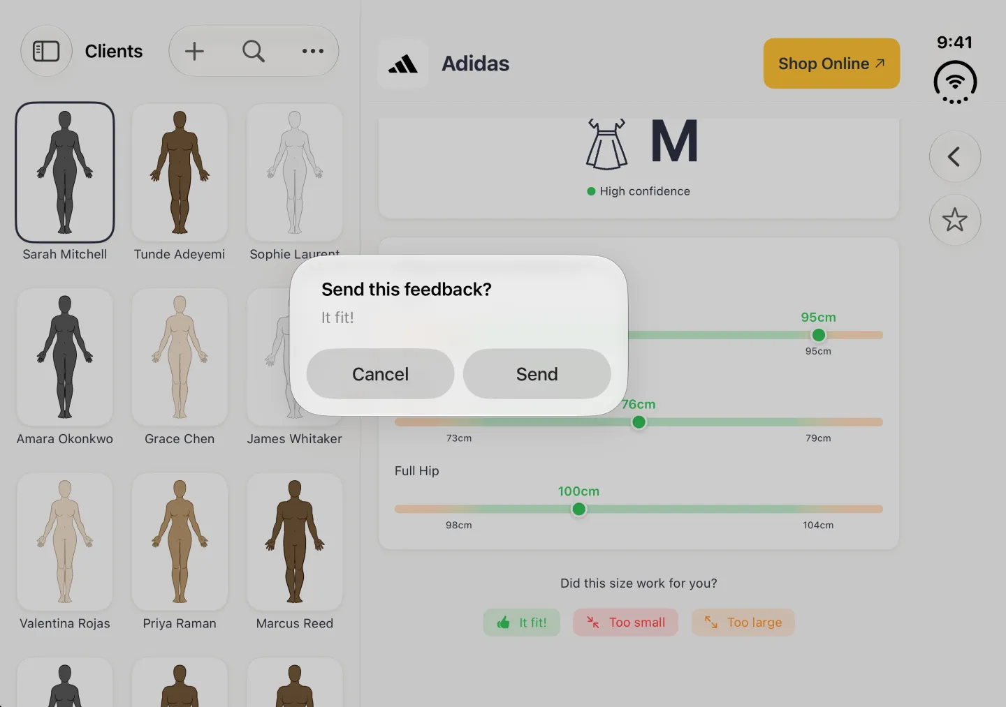 A system alert over the dimmed split view and Adidas page, titled Send this feedback? with the answer It fit! in grey under the title, and Cancel and Send buttons side by side.