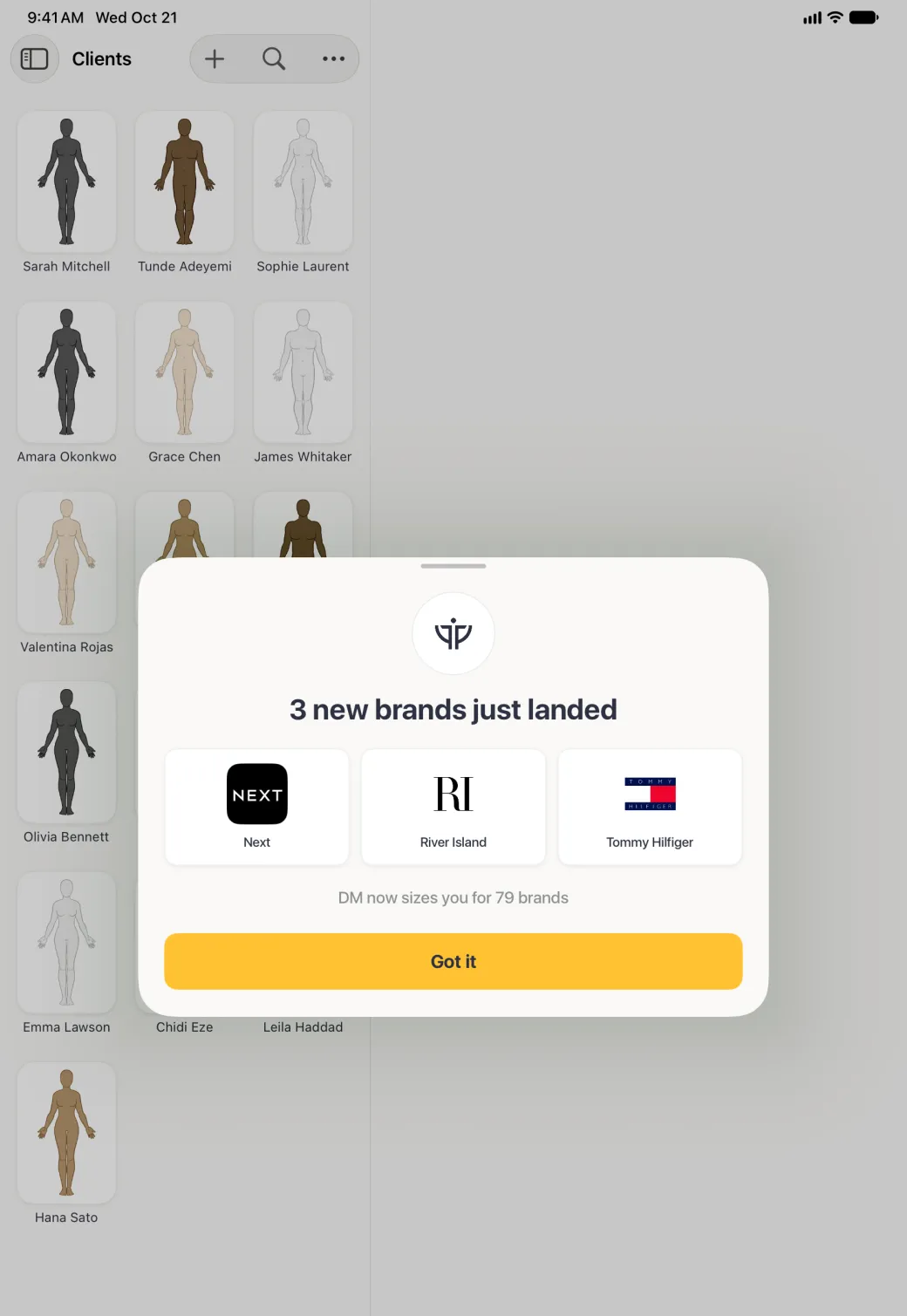 A compact sheet with a grabber centred over the dimmed Clients split view, with the DM mark in a circle, the heading 3 new brands just landed, three logo tiles for Next, River Island and Tommy Hilfiger, the line DM now sizes you for 79 brands, and a gold Got it button.