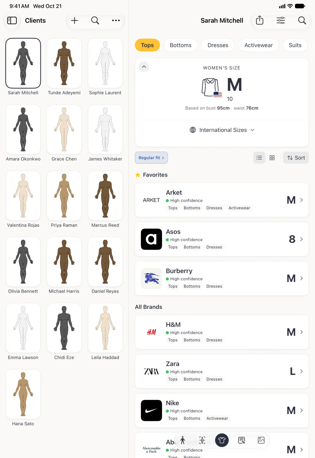 Sarah Mitchell's Sizes section beside the Clients grid in portrait, with her name and share, options and search buttons at the top, category chips Tops (selected in gold), Bottoms, Dresses, Activewear and Suits, a Women's Size card showing M with 10 under it and a small US flag on the shirt icon, based on bust 95cm and waist 76cm, a folded International Sizes row, a Regular fit pill, list and grid buttons and Sort, and favourite brand rows for Arket M, Asos 8 and Burberry M above All Brands starting with H&M M, Zara L and Nike M, each with a green High confidence dot.