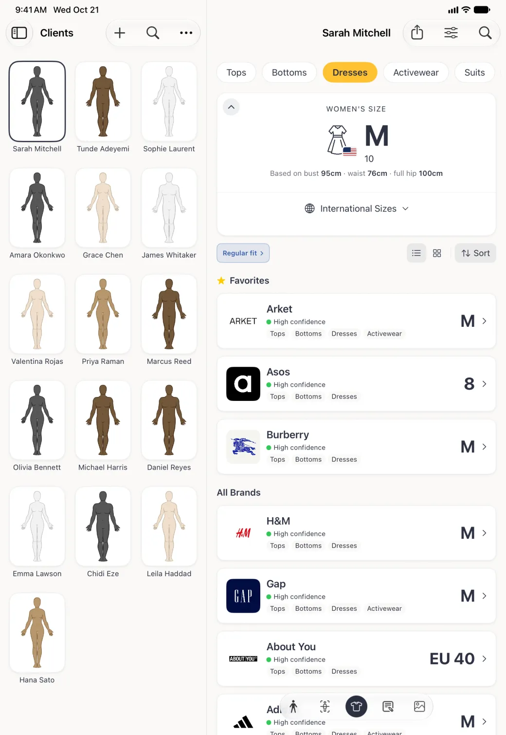 Sarah Mitchell's Sizes section beside the Clients grid with the Dresses chip selected in gold, showing a dress icon with a small US flag beside the size M and the number 10, based on bust 95cm, waist 76cm and full hip 100cm, above a folded International Sizes row and the brand list.