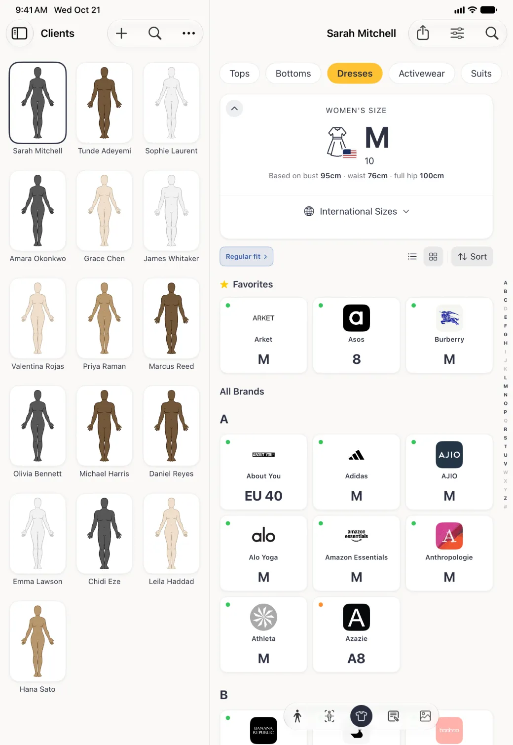Sarah Mitchell's Sizes section beside the Clients grid in a three-column grid sorted A to Z, with Favorites cards for Arket M, Asos 8 and Burberry M, then All Brands under the heading A with About You EU 40, Adidas M, AJIO M, Alo Yoga M, Amazon Essentials M, Anthropologie M, Athleta M and Azazie A8, the start of B below, and an alphabet index running down the right edge.