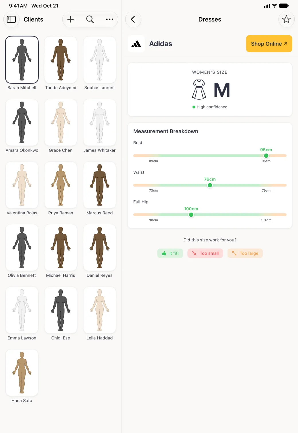 An Adidas brand page in the detail column beside the Clients grid in portrait, titled Dresses with a back button and a star button in the top bar, the Adidas logo and name beside a gold Shop Online button, Women's Size M with a green High confidence label, a Measurement Breakdown with bust 95cm, waist 76cm and full hip 100cm on range bars, and the question Did this size work for you? with It fit!, Too small and Too large buttons.