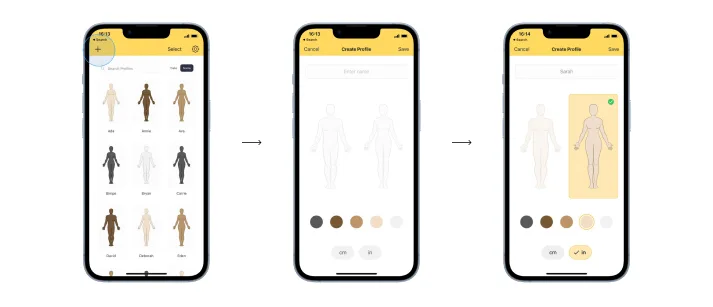 Creating a new profile in Dress Measurement, showing name, gender, color, and unit selectors.