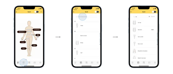 List view of body measurements with a search bar, used as a quick-entry alternative to the avatar flow.