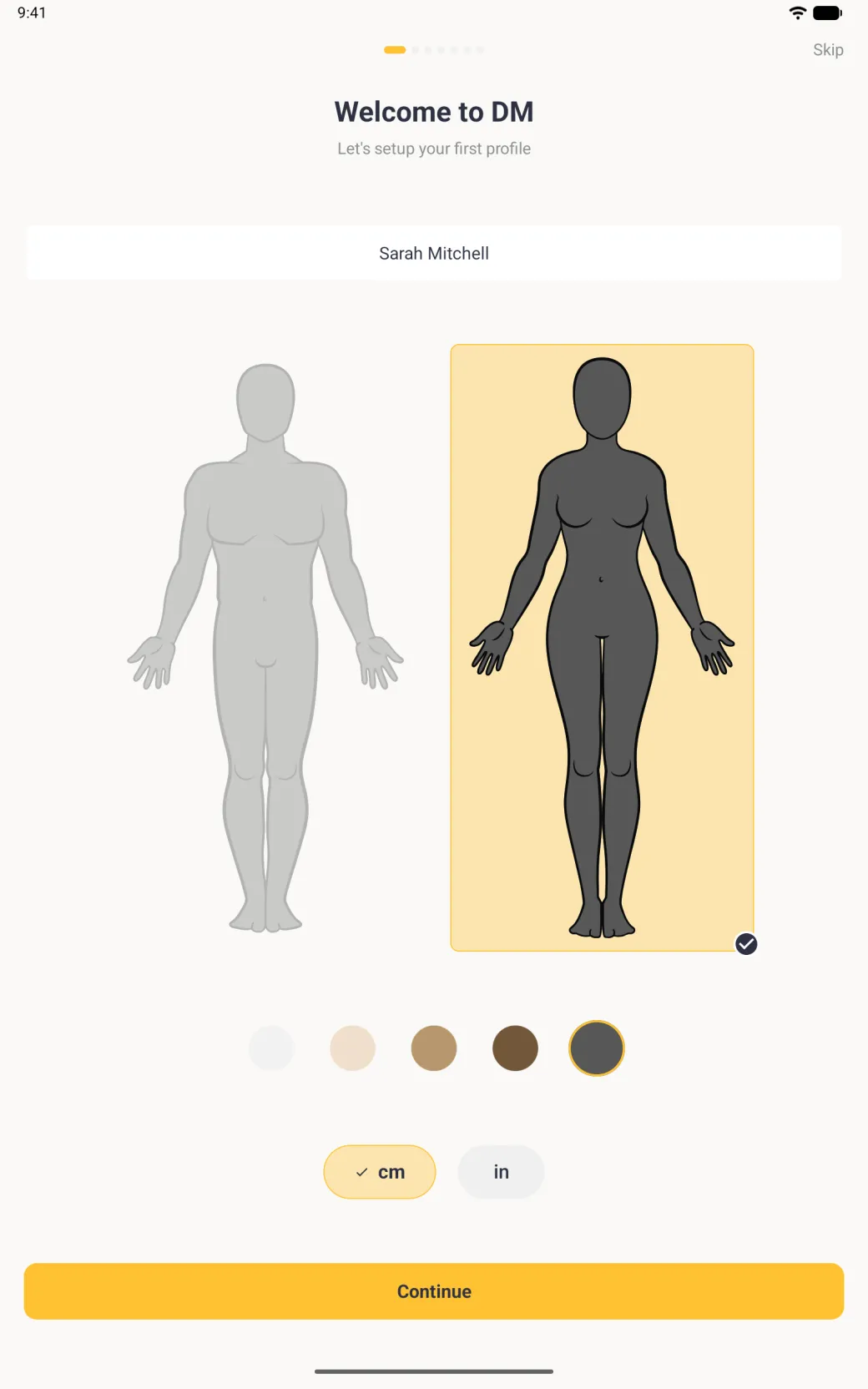 Welcome screen under seven page dots with the woman outline filled charcoal on a pale gold panel, the man outline in light grey, the charcoal skin tone ringed in gold, cm ticked in a gold pill, and a full-width gold Continue button at the bottom.
