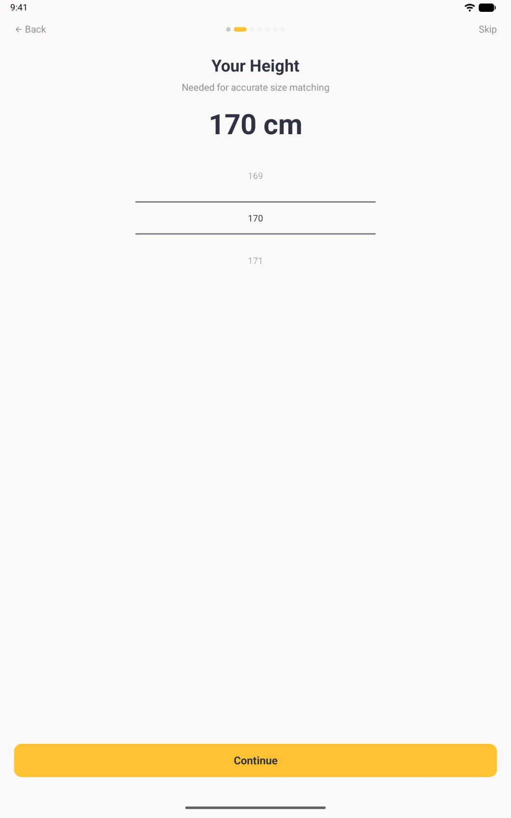 Your Height step under seven page dots, the second one active, with Back and Skip at the top, the line Needed for accurate size matching, 170 cm in large type above a picker listing 169, 170 and 171, and a full-width gold Continue button at the bottom of a mostly empty screen.