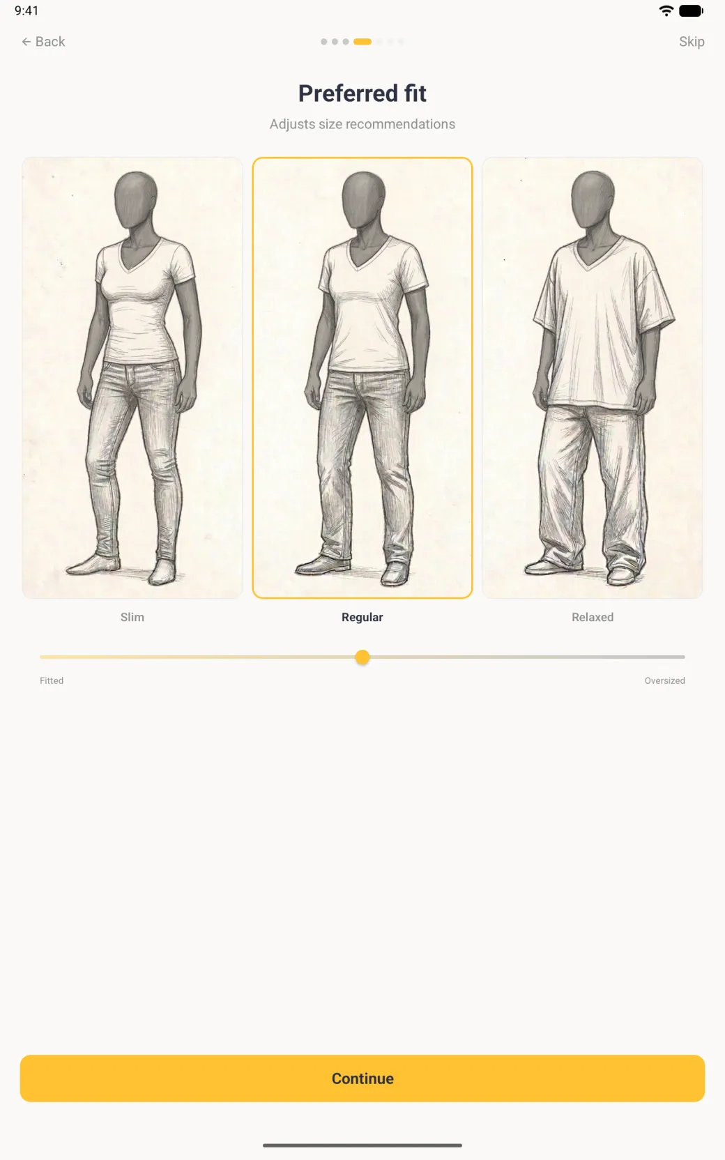 Preferred fit step under seven page dots, the fourth one active, with the line Adjusts size recommendations, three large pencil-sketched women labelled Slim, Regular and Relaxed, Regular outlined in gold and in bold, above a slider from Fitted to Oversized with its gold knob in the middle and a gold Continue button.