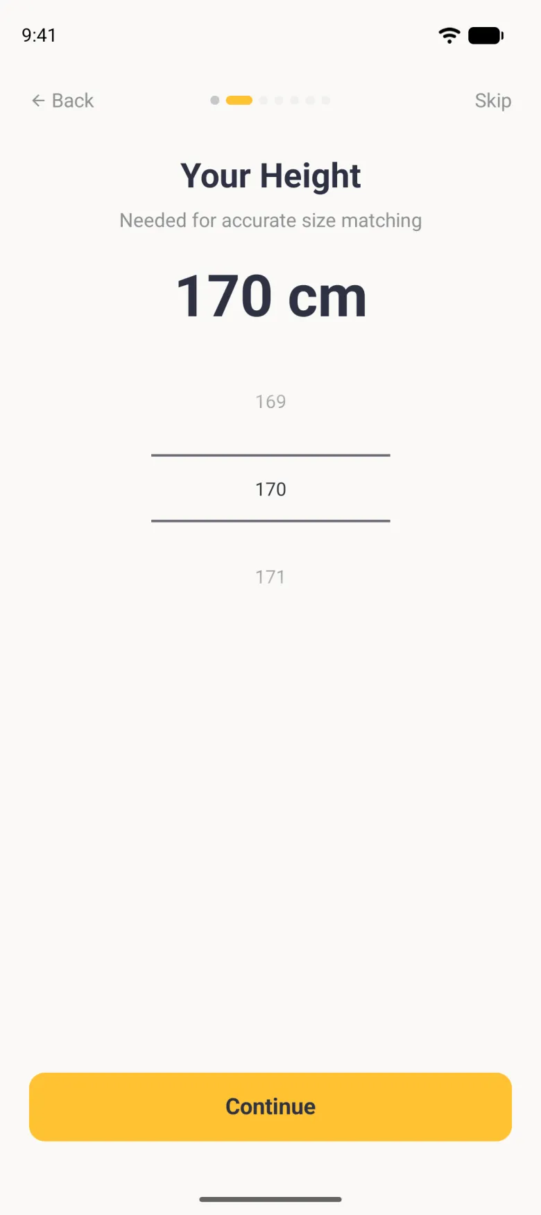 Your Height step under seven page dots, the second one active, with Back and Skip at the top, the line Needed for accurate size matching, 170 cm in large type above a picker listing 169, 170 and 171, and a gold Continue button at the bottom.
